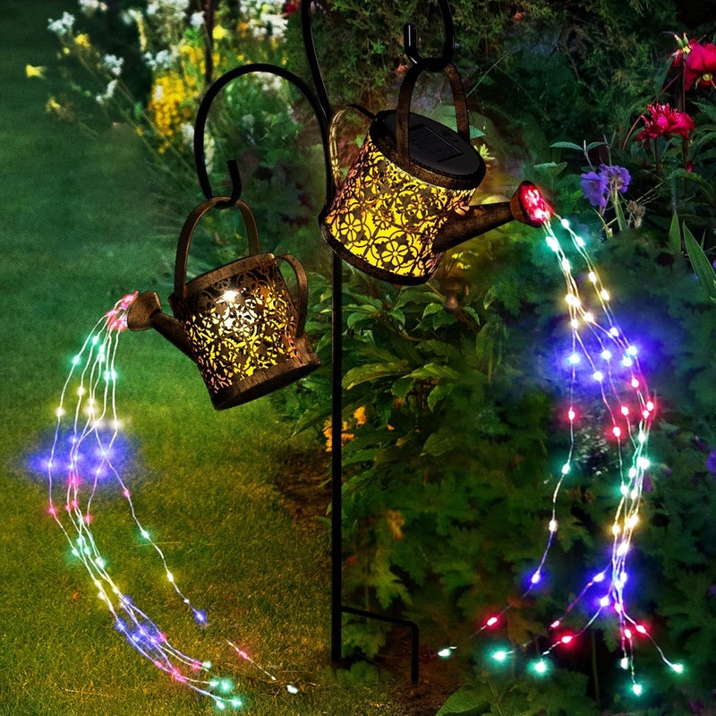 Mearar Solar Watering Can Lights Outdoor with 8 Multi-Color Changing Modes, IP65 Waterproof Landscape Light Garden Decor, One Pole Two Lights Outside Decorations for Lawn, Backyard, Patio, Chrismas - Image 1